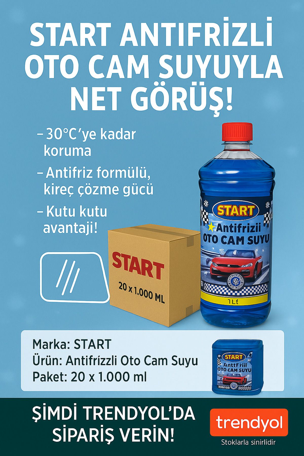 start Antifrizli -30°C Oto Cam Suyu 20 x 1.000 ml – Konsantre, Buzlanma Karşıtı, Net Görüş Sağlar