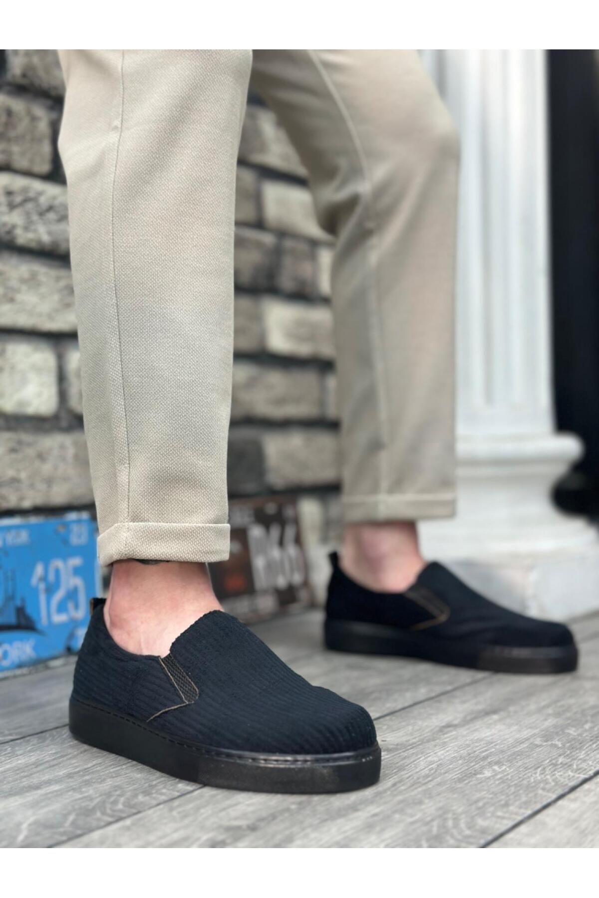 Byshoes BA0339 Bağcıksız Kadife Siyah Siyah Taban Günlük Erkek Ayakkabı