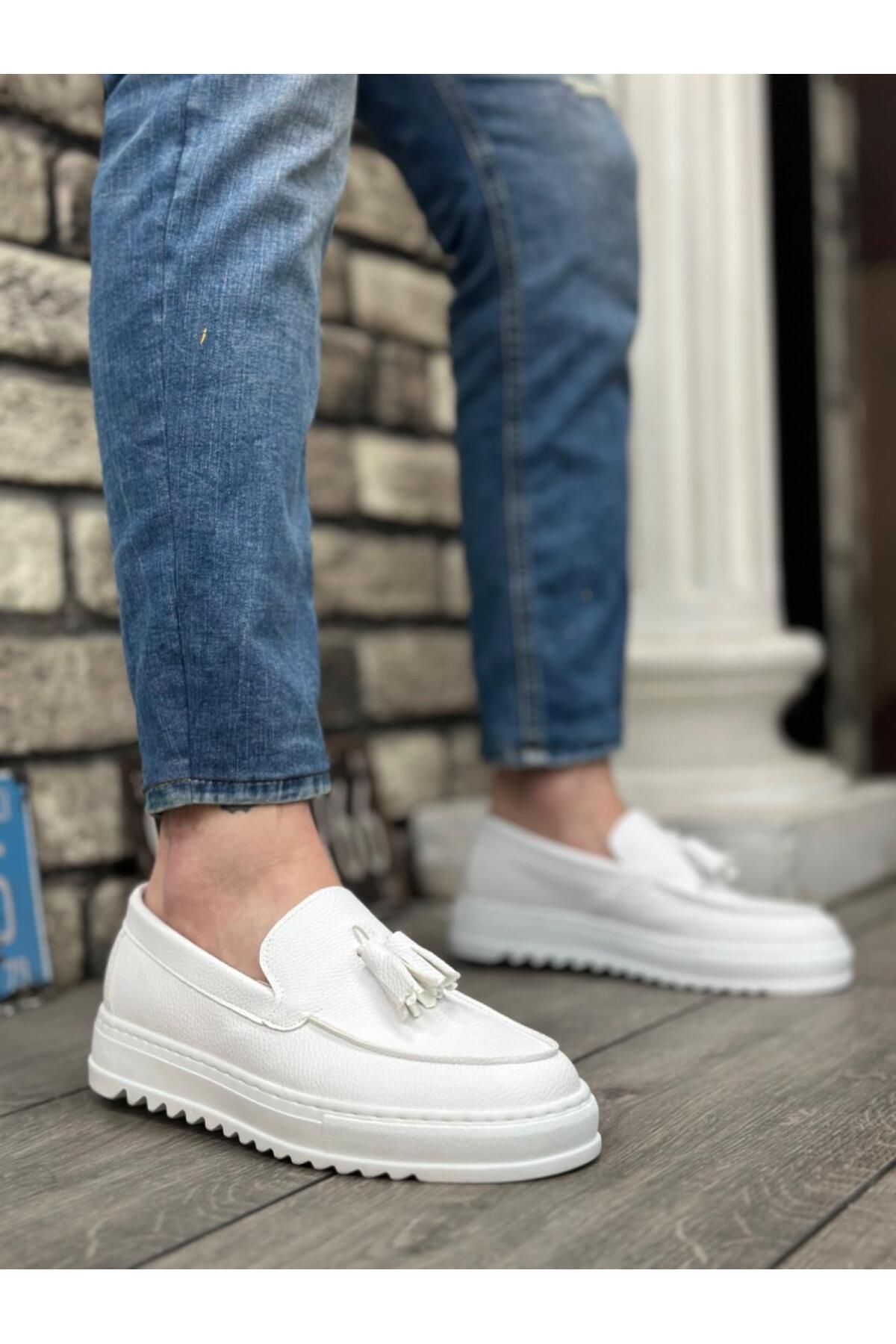 Byshoes BA0154 Bağcıksız Yüksek Taban Cilt Beyaz Renk Püsküllü Erkek Ayakkabı
