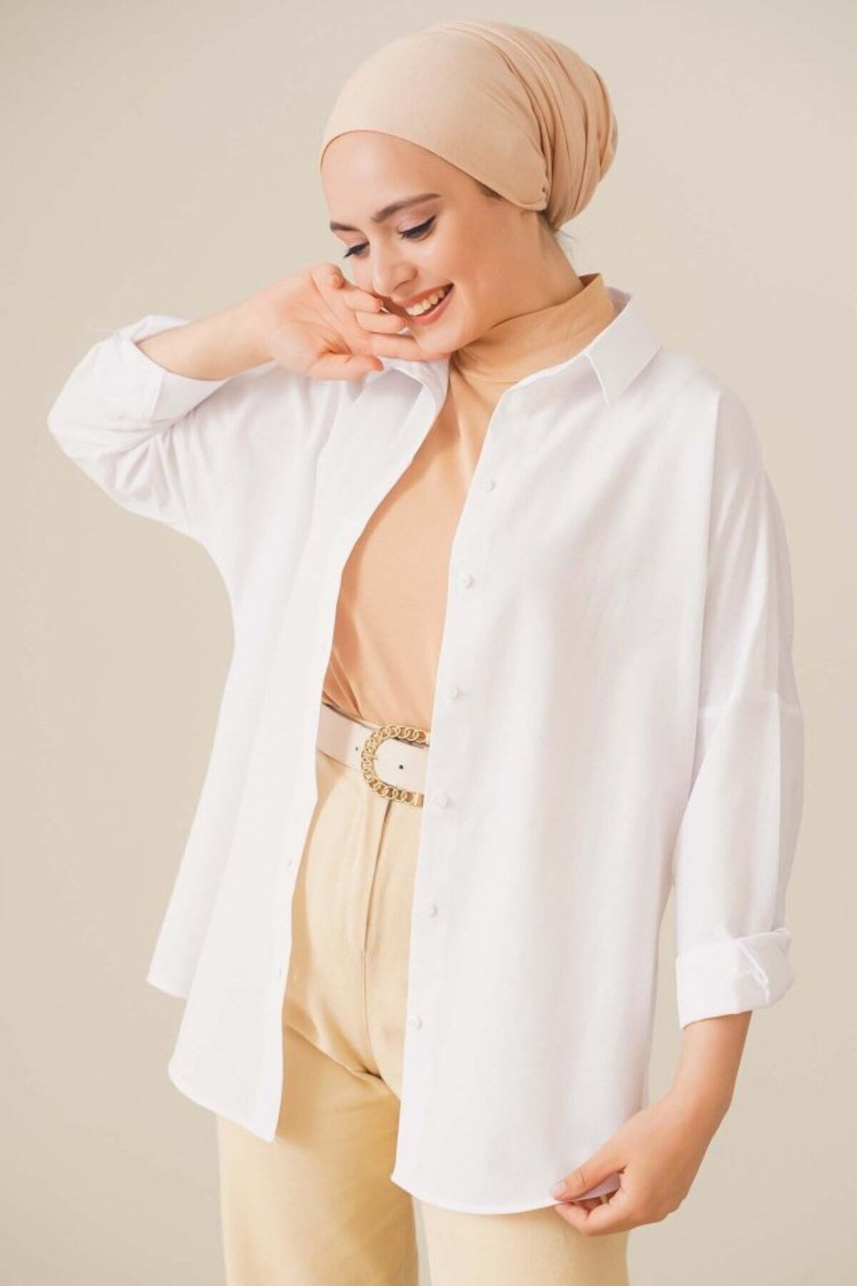 GE TİCARET 103901 Oversize Basic Tesettür Gömlek - Beyaz