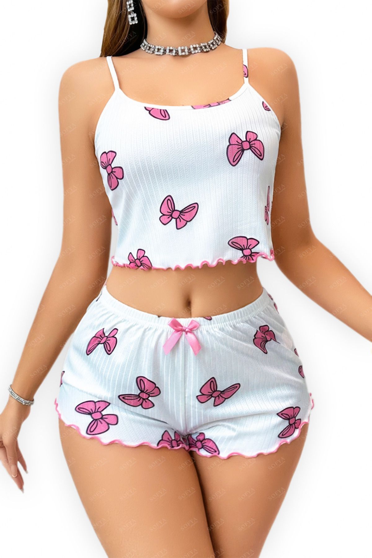 Sofya Passion Askılı Şortlu Yazlık Mini Gecelik, Fiyonk Desenli Şirin Pijama Takımı