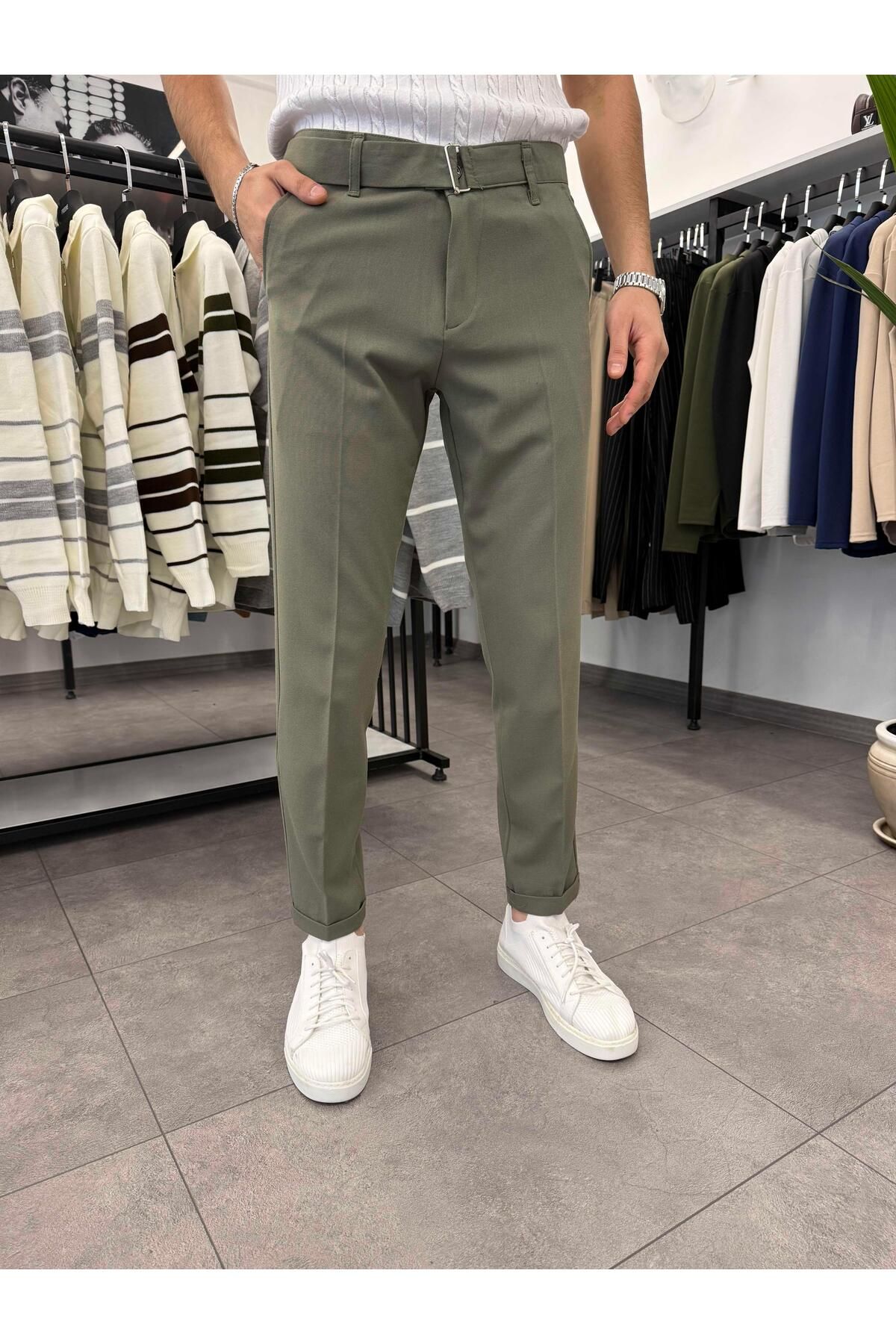 Butik Kemer Detaylı Duble Paça Kumaş Pantolon Haki