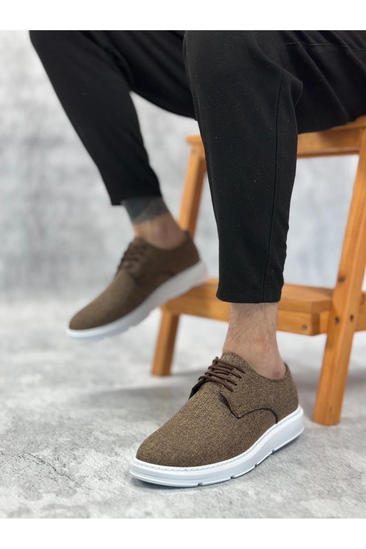Byshoes BA0003 Bağcıklı Klasik Spor Keten Kahverengi Beyaz Taban Casual Erkek Ayakkabı