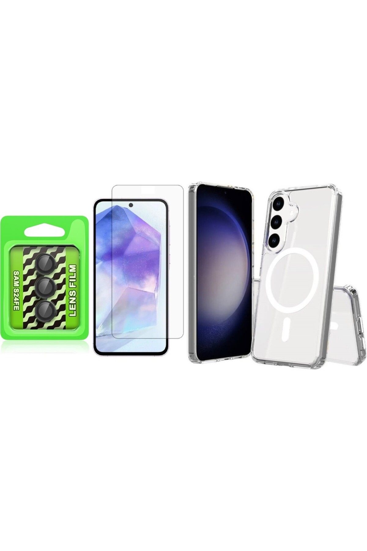Vendas Samsung Galaxy S24 FE Kılıf M-safe Şarj Özellikli Sert PC Embos Kapak + Lens + Nano Ekran Koruyucu