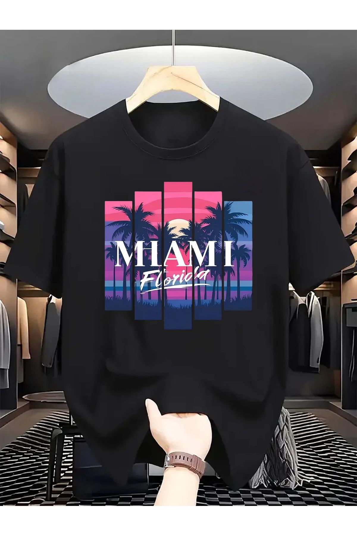 İnazuma Outdoors Unisex Oversize Baskılı Pamuklu Bisiklet Yaka Kısa Kollu SİYAH T-shirt MIAMI