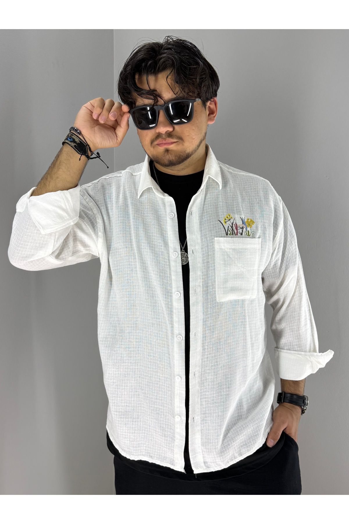 MARESHAL Çiçek Nakışlı Pamuk Keten Oversize Gömlek (Beyaz)