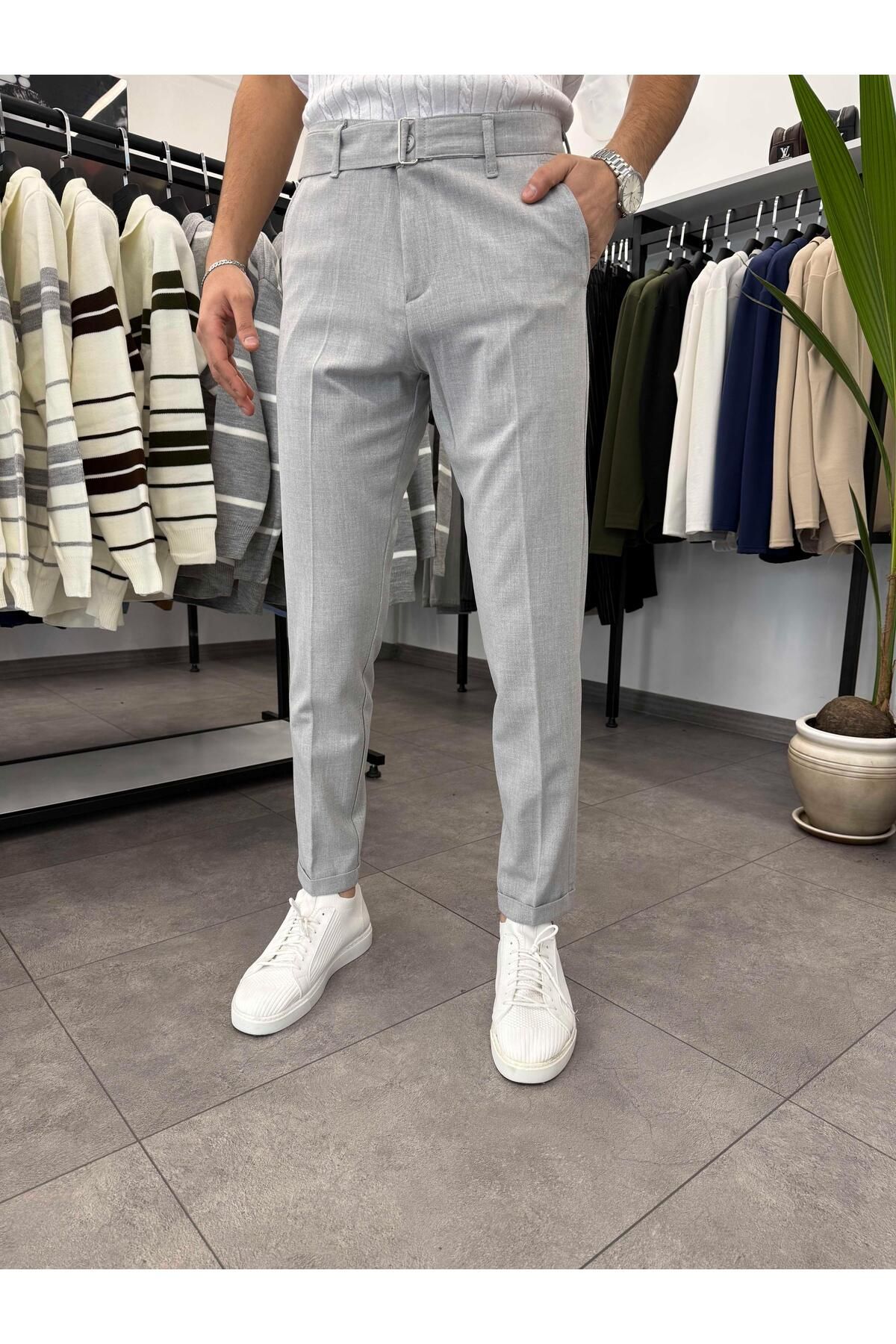 Butik Kemer Detaylı Duble Paça Kumaş Pantolon Gri