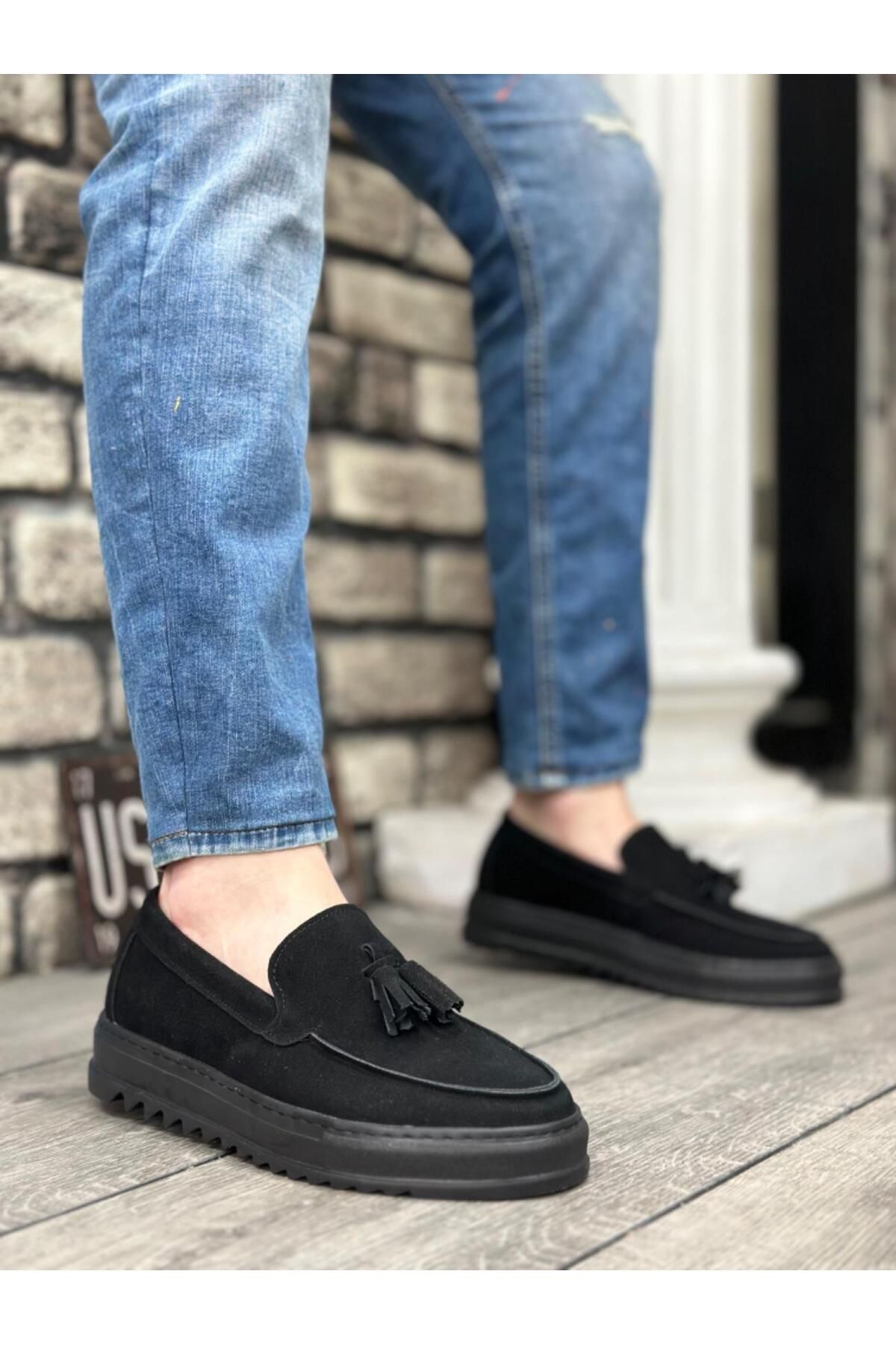 Byshoes BA0154 Bağcıksız Yüksek Taban Süet Siyah Renk Siyah Taban Püsküllü Erkek Ayakkabı
