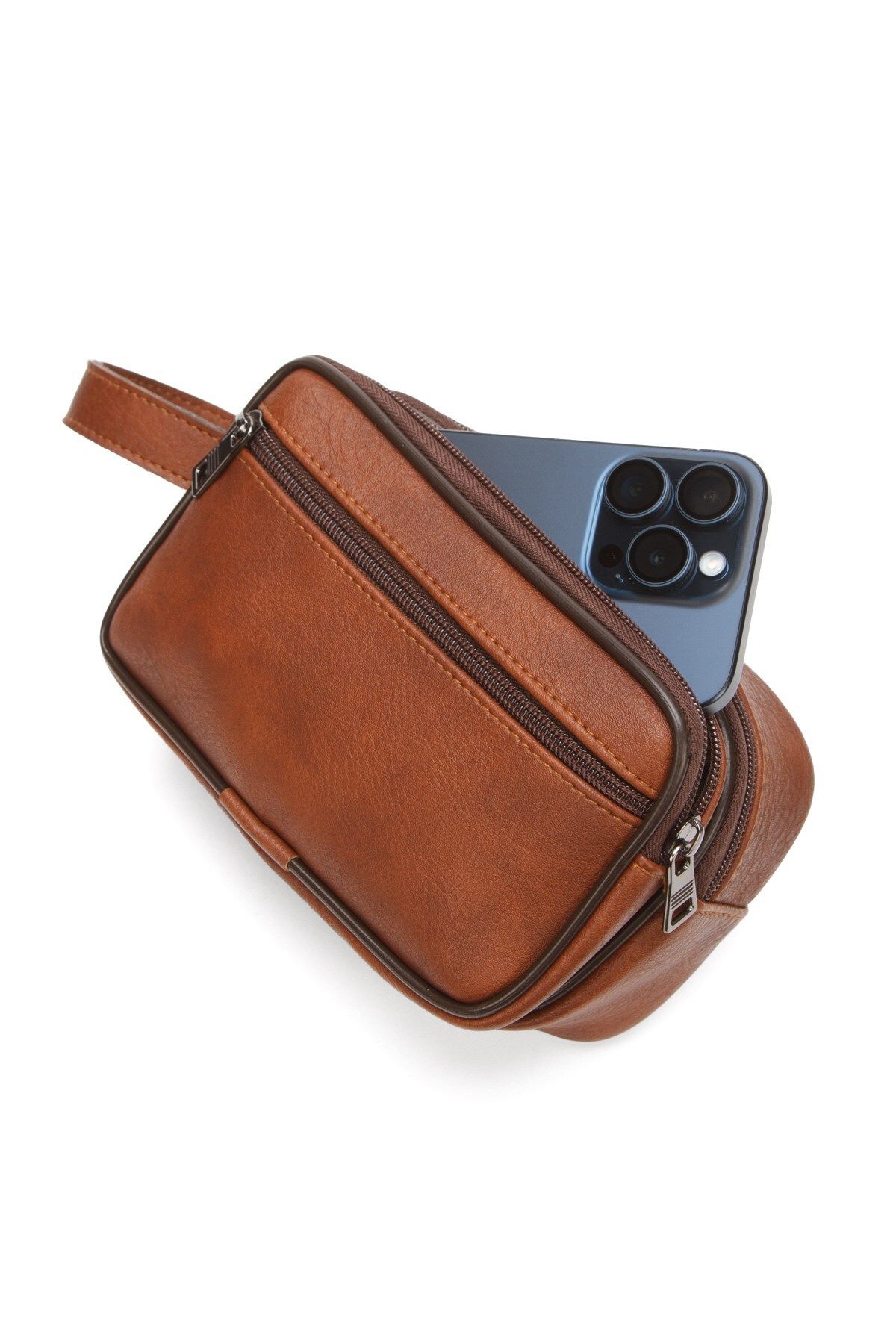 Newish Polo Erkek Taba Bileklik Kemerli Portföy Clutch Traş Kozmetik El Çantası