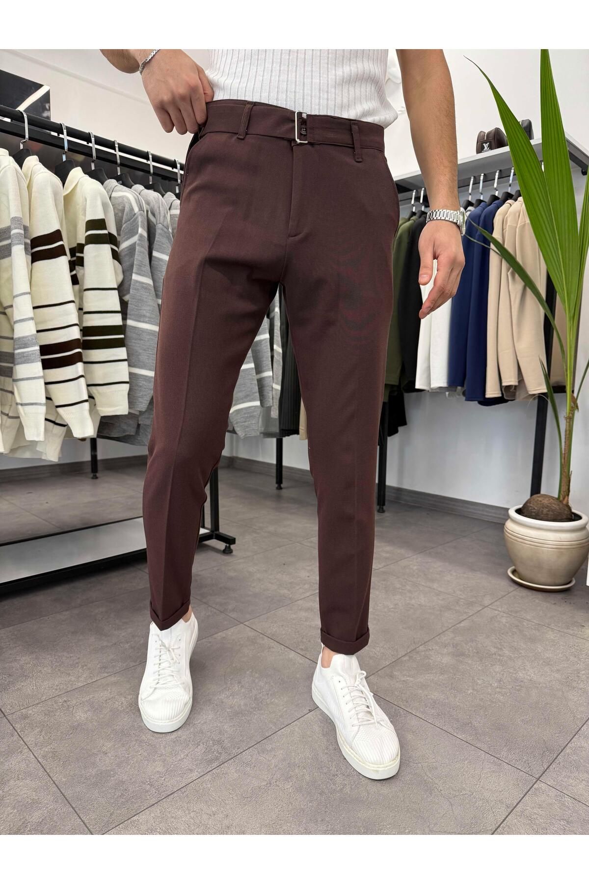 Butik Kemer Detaylı Duble Paça Kumaş Pantolon Acı Kahve