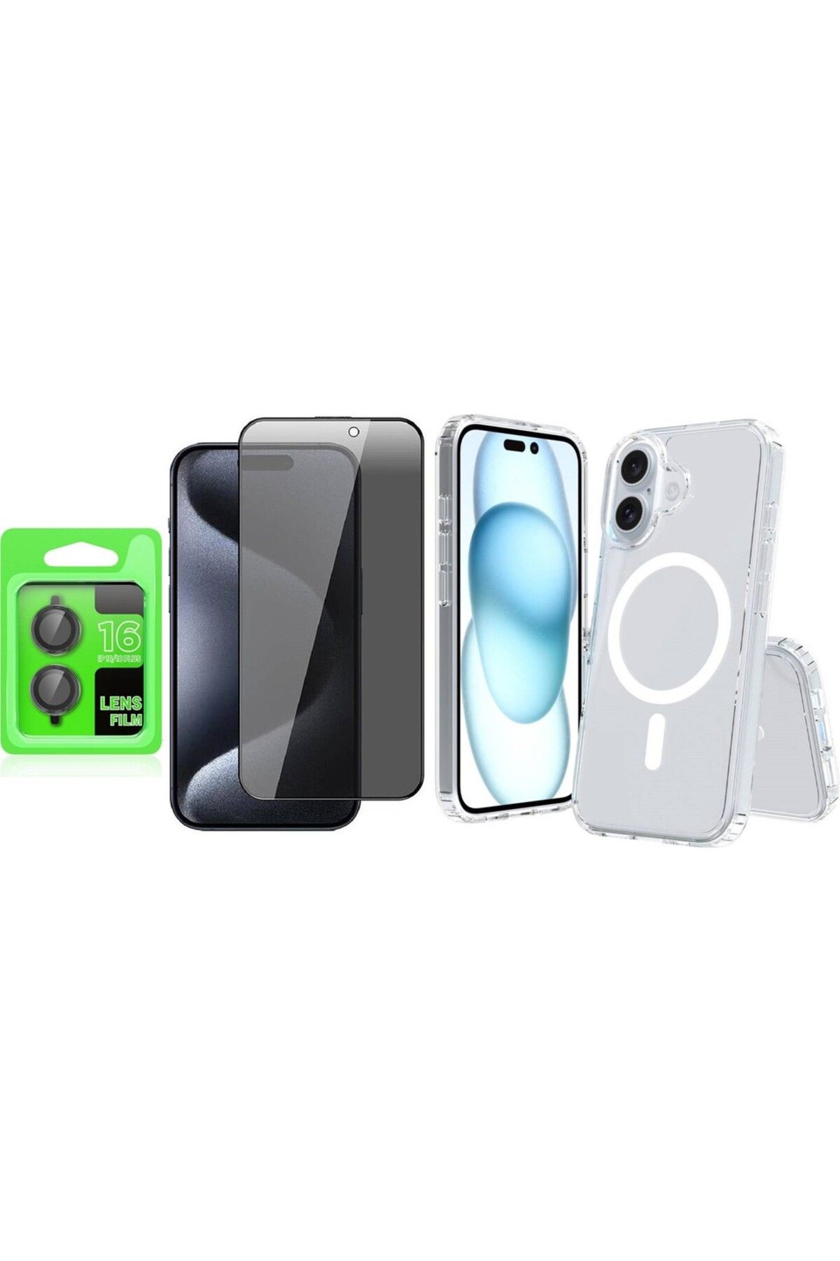 Vendas iPhone 16 Kılıf M-safe Şarj Özellikli Sert PC Embos Kapak + Kamera Lens + Hayalet Ekran Koruyucu