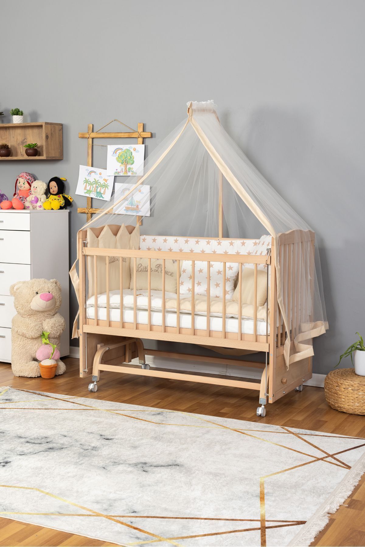 Bamgidoo Ahşap Anne Yanı Portatif Bebek Beşik Modelleri (BOYASIZ)60x120-krem Prens Uyku Seti Yatak Tekerlekli fotoğrafı 2 (önizleme)