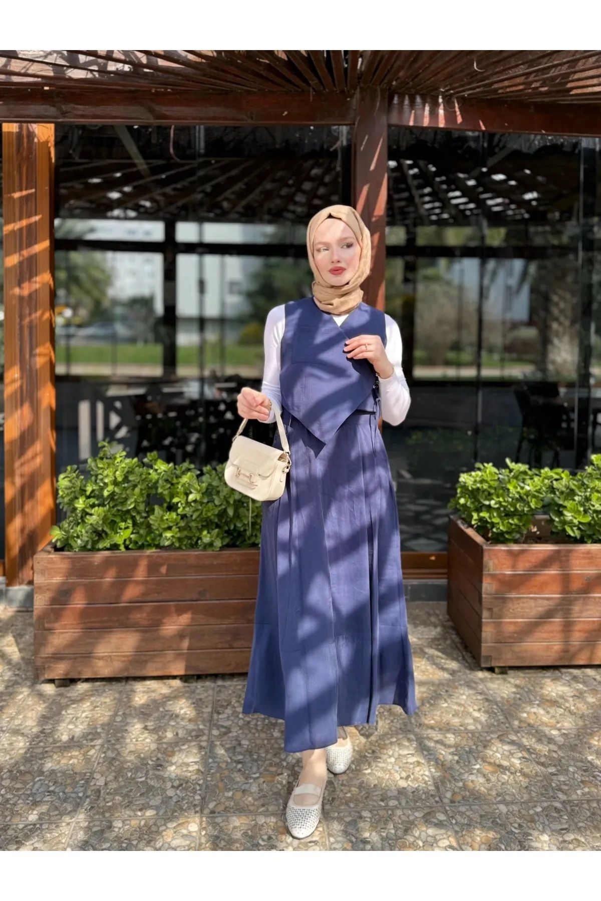 Trendy Butik Kadın Tokalı Yandan Bağlamalı Yelek Etek Takım-Lacivert