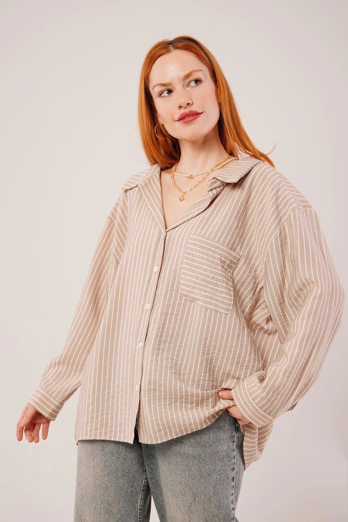 MODA Çizgi Detaylı Cepli Camel Gömlek