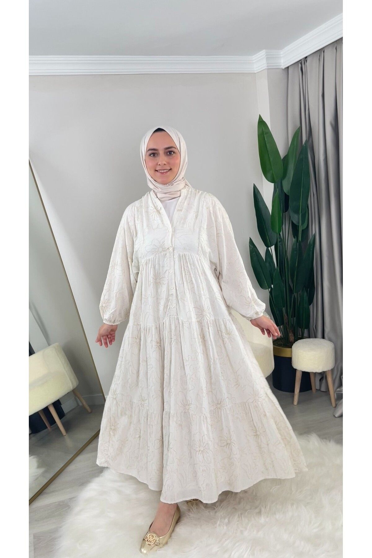 DEMET Serap Nakışlı-Keten Uzun Yazlık Elbise