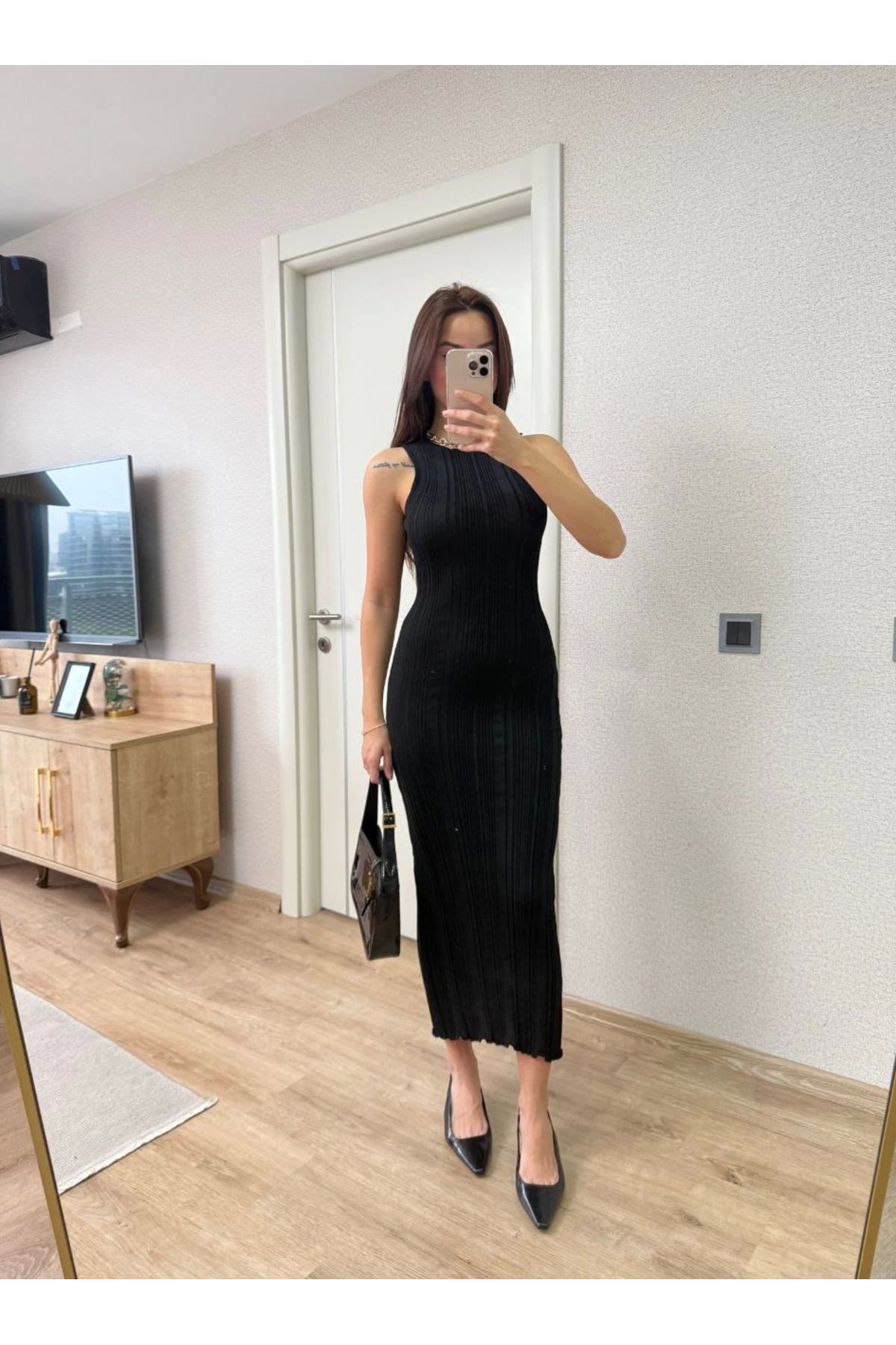 Kadınle Fitilli Triko Elbise Maxi Uzun boy - Siyah