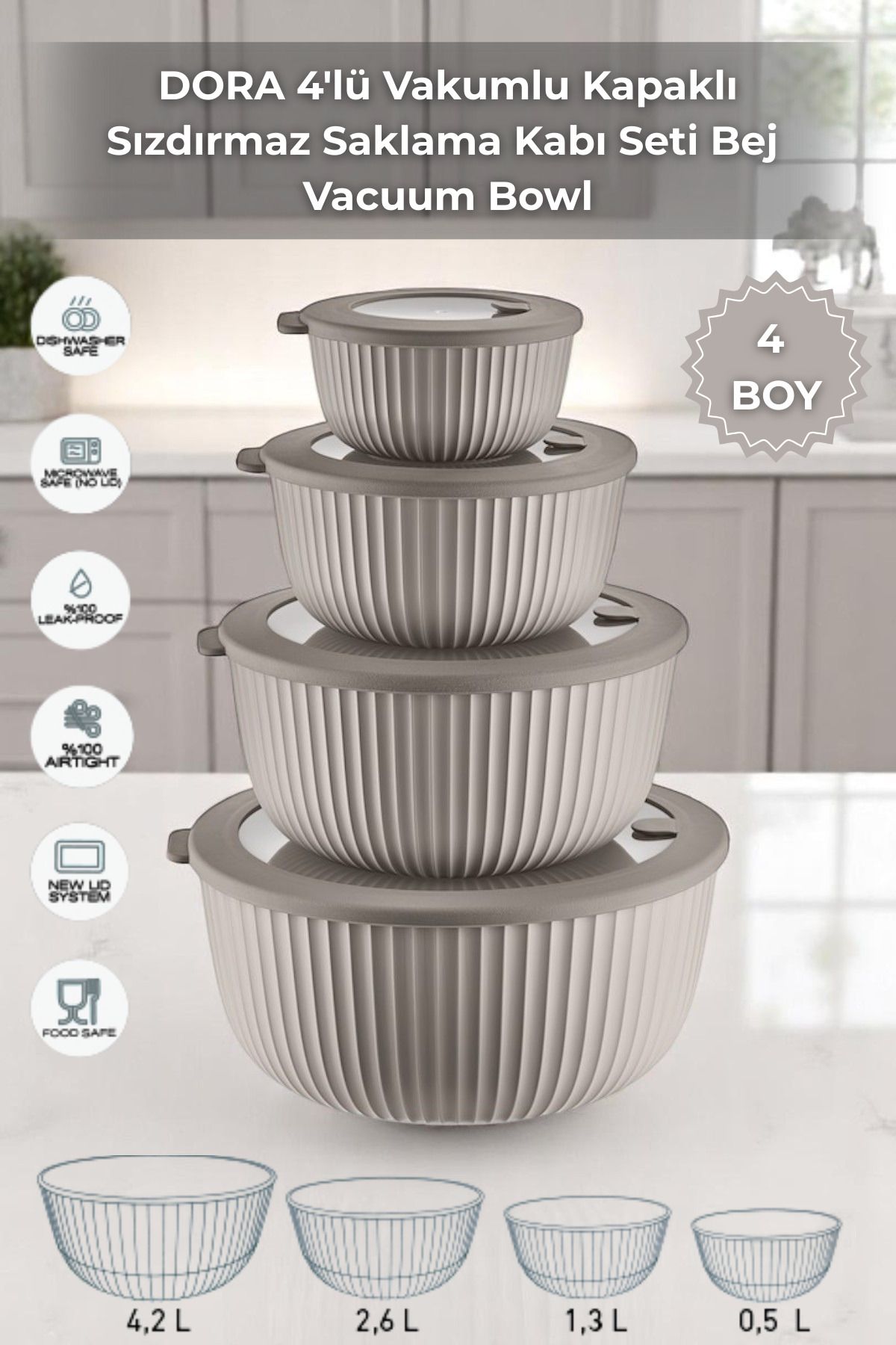Sevinse Home DORA 4'lü Vakumlu Kapaklı Sızdırmaz Saklama Kabı Seti Mikrodalga ve Difrize Uygun Bej Vacuum Bowl