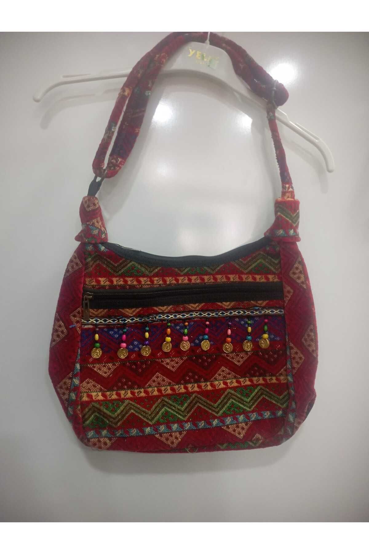 NUR TEKSTİL Kadın kırmızı Etnik-otantik Orijinal Kilim Dokuma omuz Çantası Yıkana Bilir Çanta