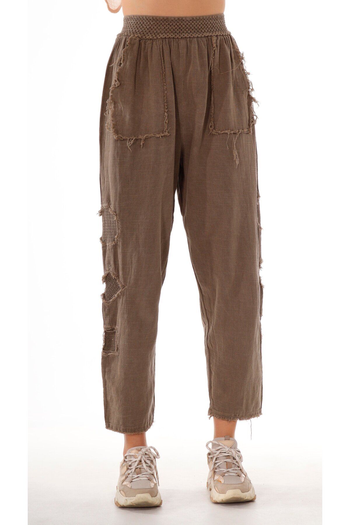 Namaste Vintage Bel kısmı lastikli yamalı model keten şalvar tip pantolon