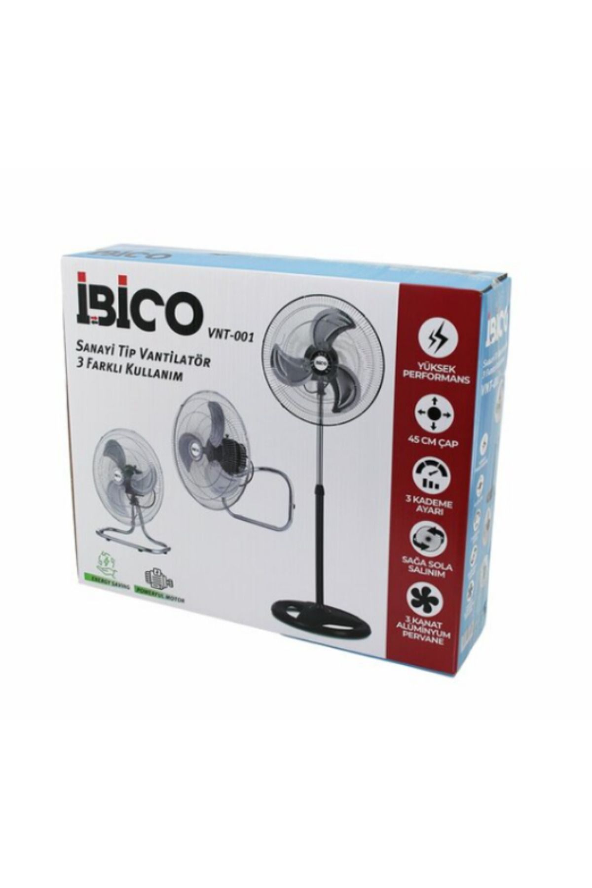ibico İBİCO VNT-001 3in1 Sanayi Tipi Vantilatör | 45cm | Duvara Monte, Masaüstü, Ayaklı | 75W | 3 Kademe