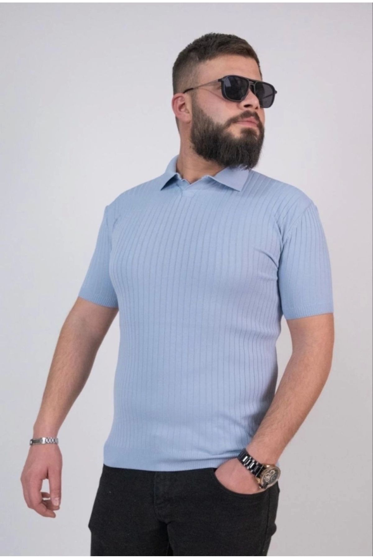 MODA Triko Dokuma Yakalı Tshirt Açık avi