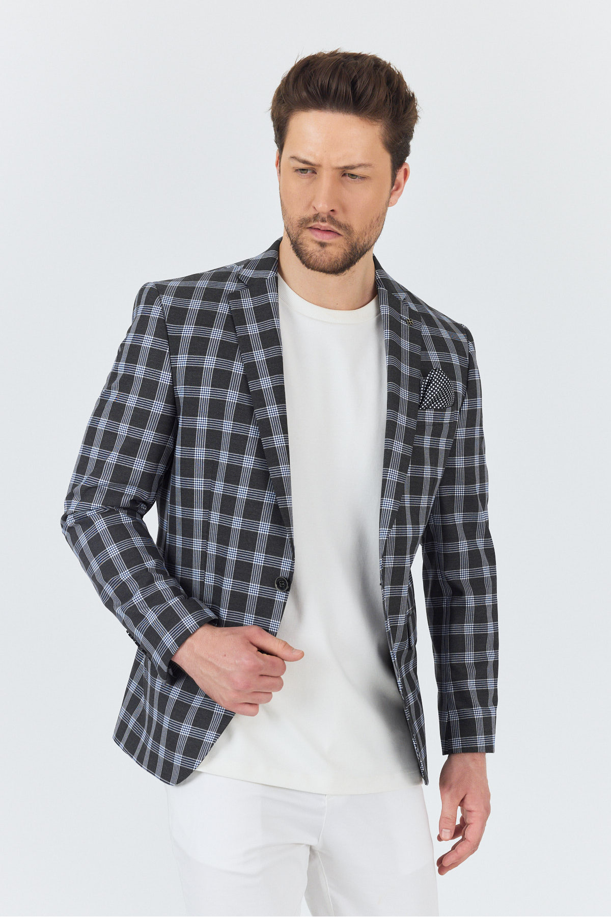 Frappoli-Riccardo Men's Anthracite Plaid Checked Polyviscon Fabric Slim Fit Sports Blazer Jacket 6