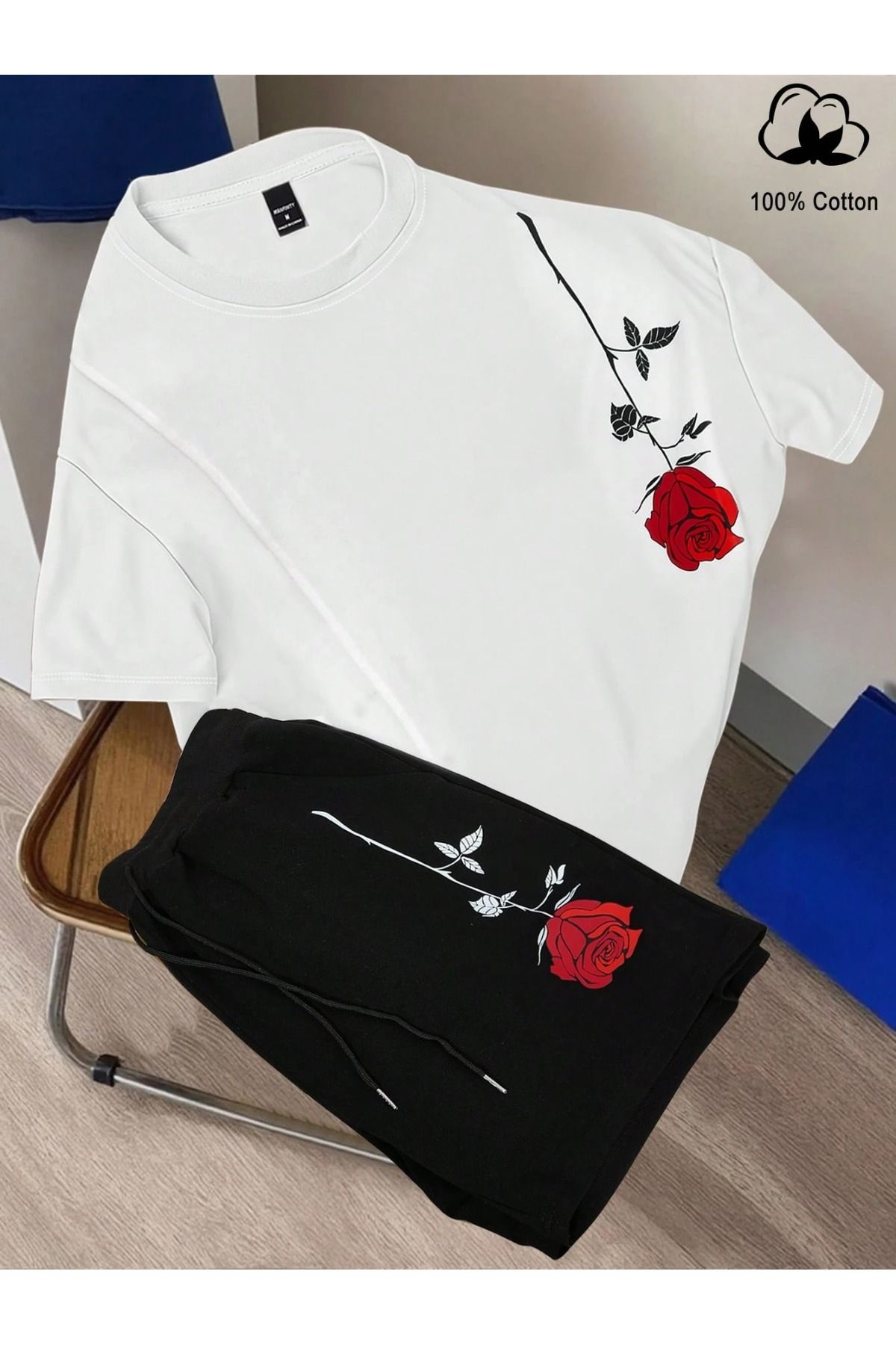 PAVRO Unisex erkek takım oversiz kesim rahat kalıp kaliteli ürün geniş kalıp güllü