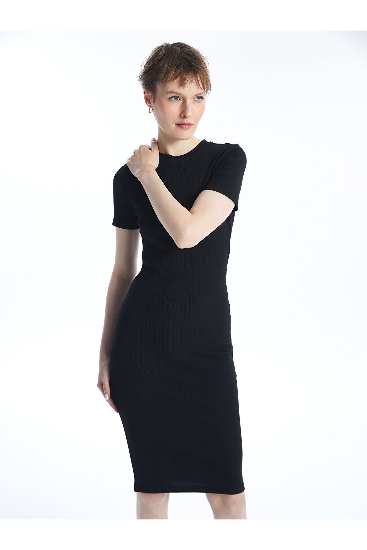 Bisiklet Yaka Düz Kısa Kollu Kadın Bodycon Elbise