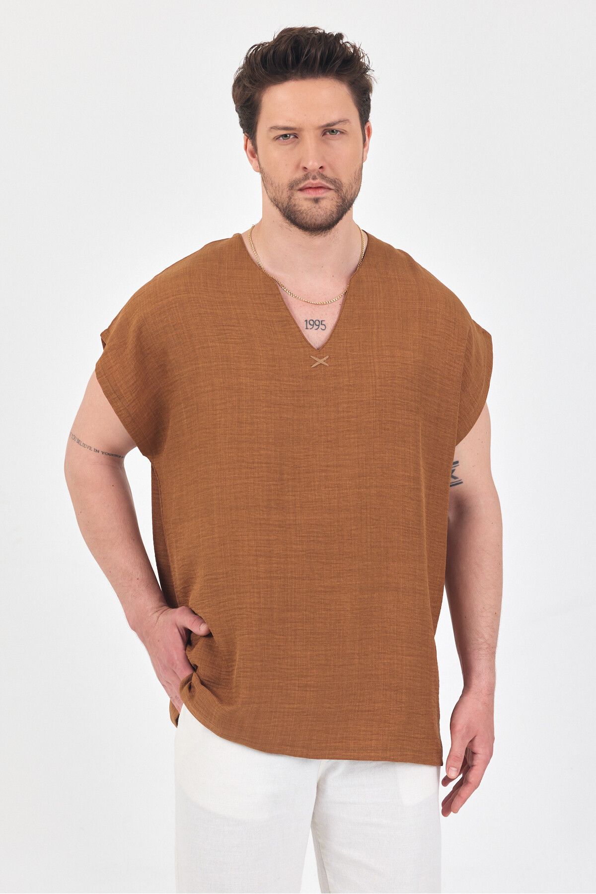 BABBOSS Keten Oversize V Yaka Sıfır Kol Gömlek