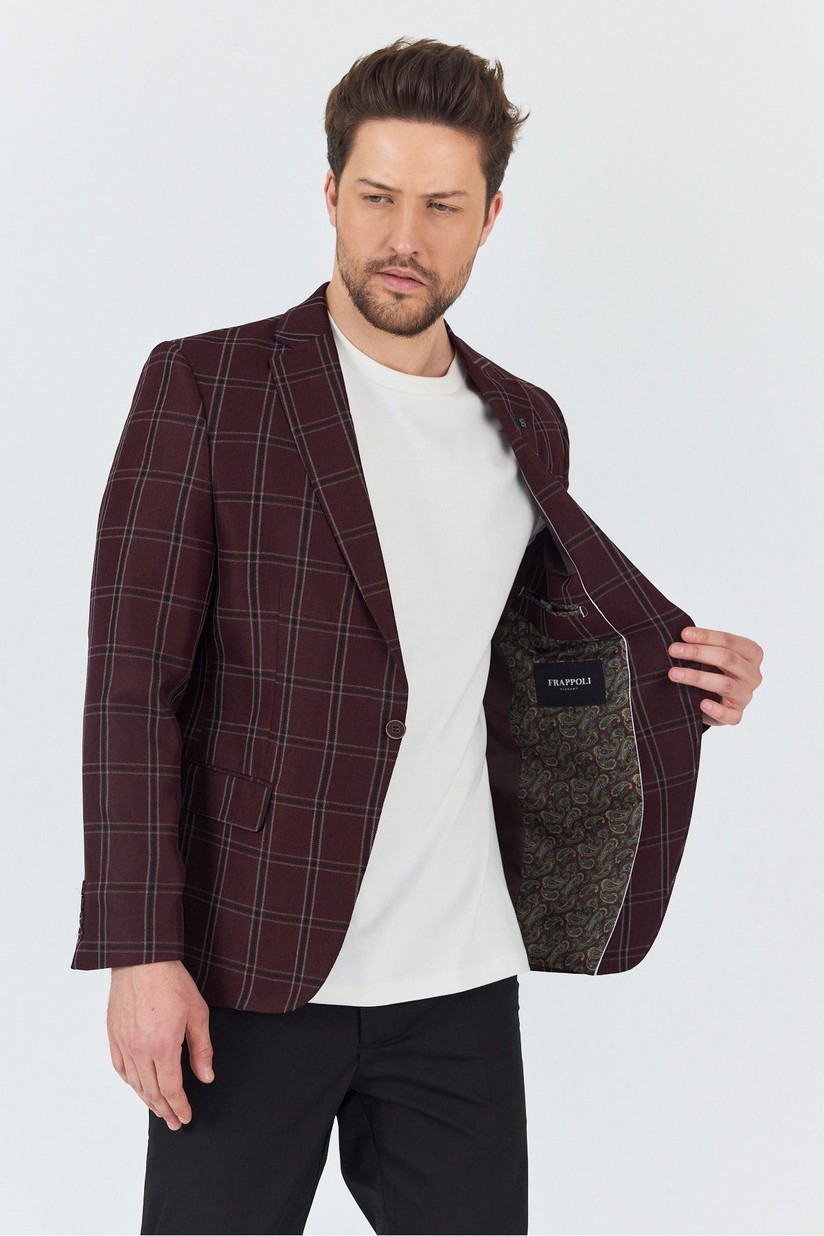 Frappoli-Sarmue Men's Burgundy Plaid Check Cotton Polyester Fabric Slim Fit Slim Fit Sports Blazer Jacket 3
