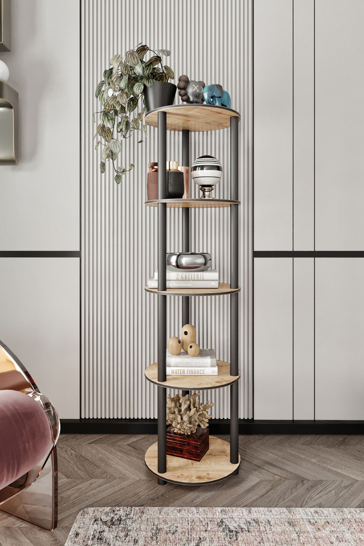 RC HOME Dekoratif 5 Raflı Yuvarlak Kitaplık