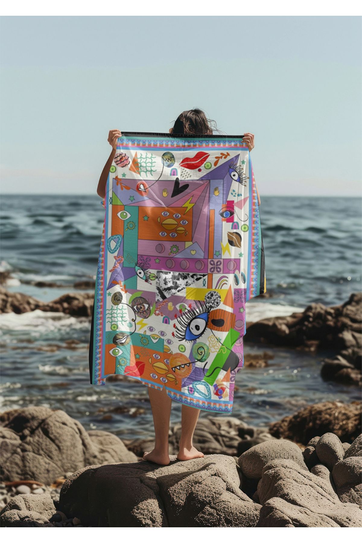 We Concept Kadın Plaj Pareo Renkli Göz Dudak Yüz Desen Pure Soft Kumas Yumuşak Dokuya Sahip 145x 95cm