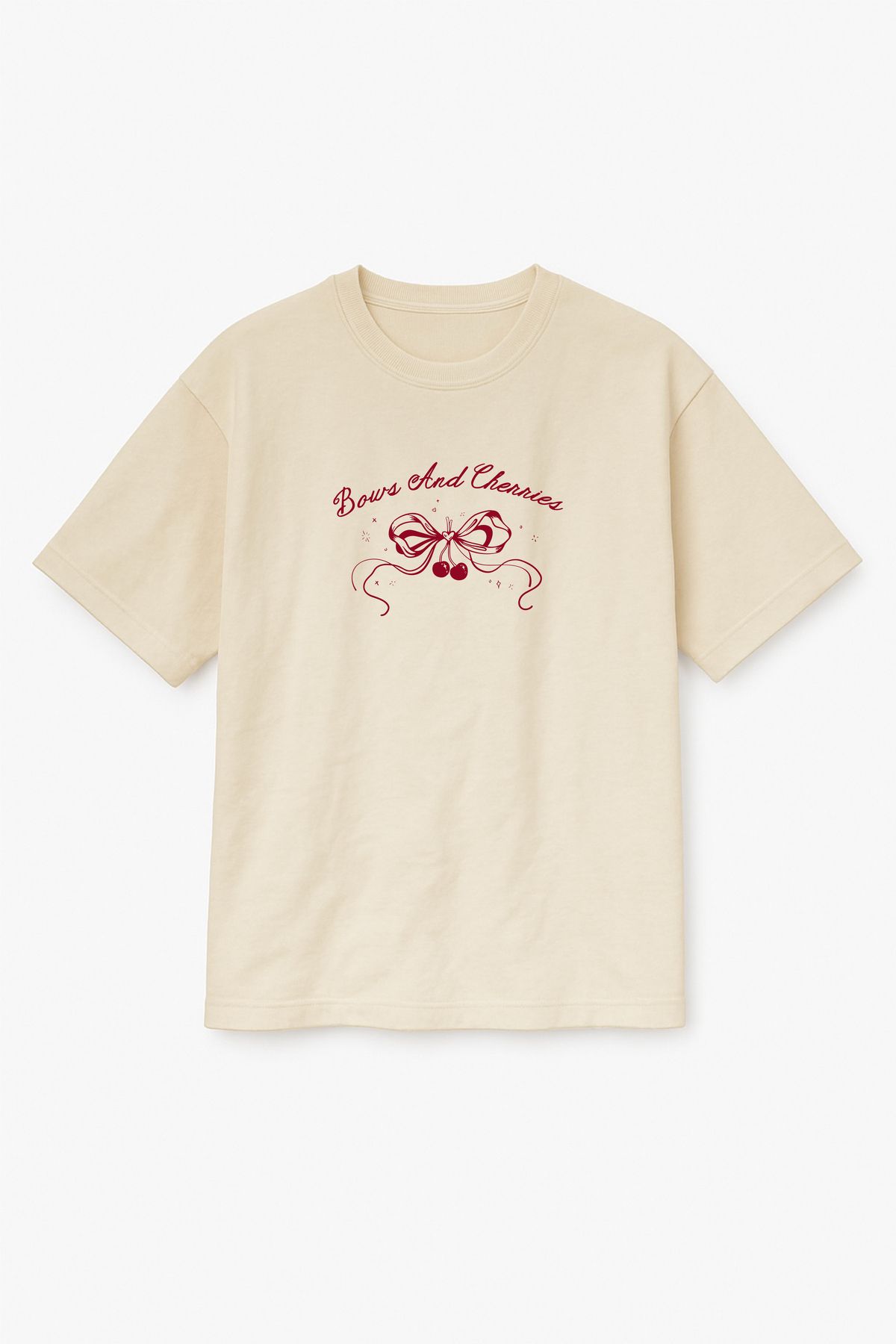 Altair Tr Bej Renk Oversize Bours And Cherries Kurdele ve Kiraz Baskılı Unisex Tişört T-Shirt