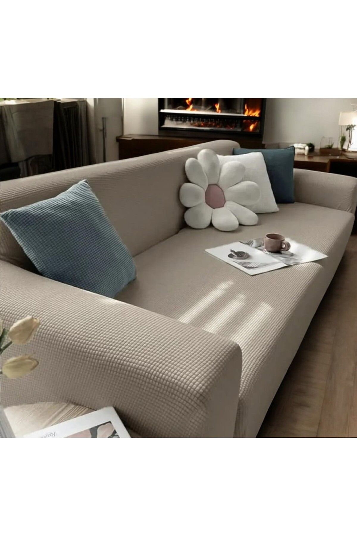 NEFİS HOME Likrali Streç Lastikli Esnek Yikanabilir Kare Desen 3Kişilik Likrali Kotuk Örtüsü Koltuk Kılıfı