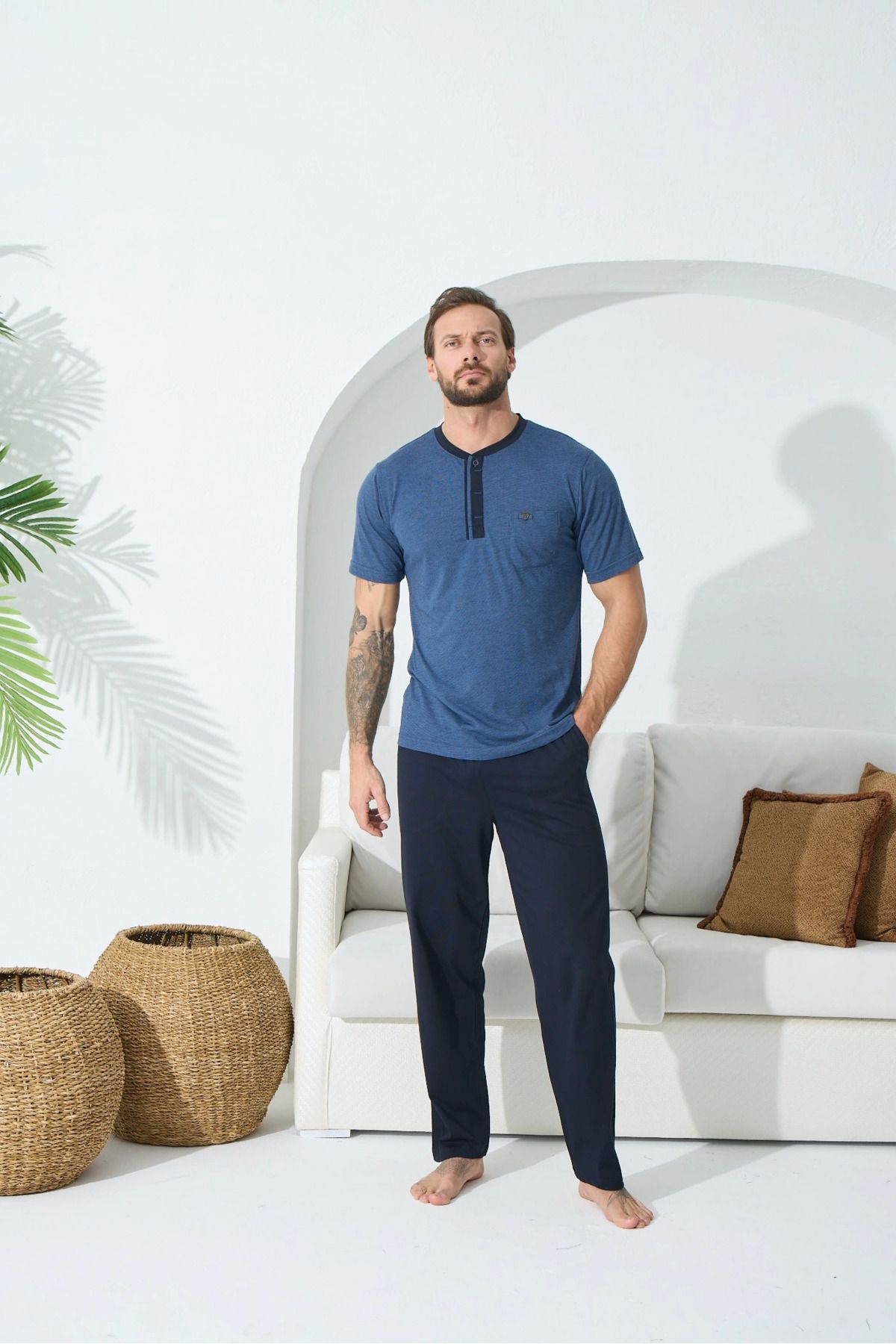 Moda Şahsenem 9513 Erkek Midi Yaka Kısa Kol Pijama Takım