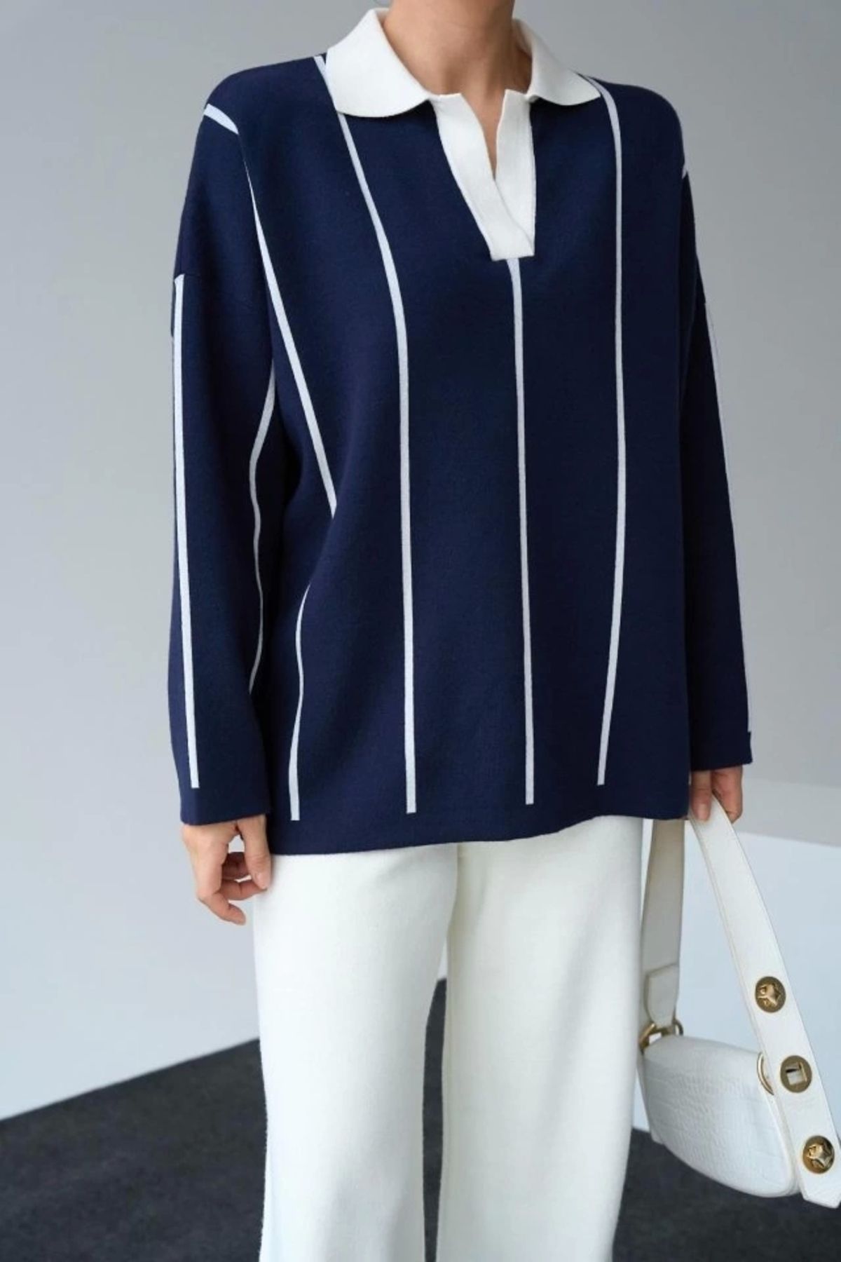 MODA Polo Yaka Dik Çizgili Kazak LacivertKemik