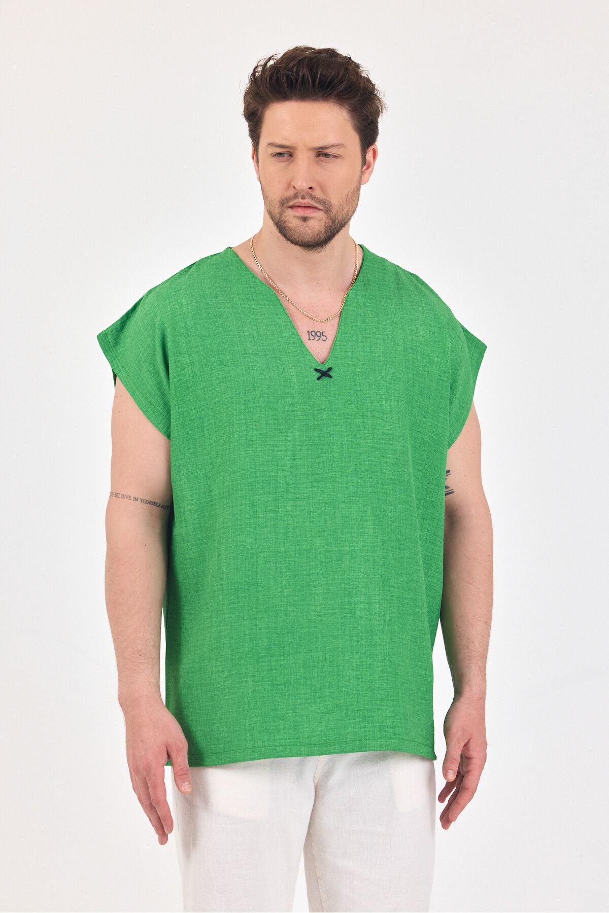 BABBOSS Keten Oversize V Yaka Sıfır Kol Gömlek