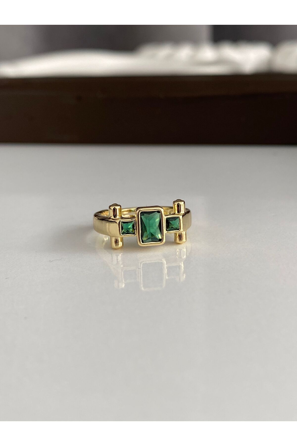 DMR Accessoire yeşil gold detaylı çelik ayarlanabilir vintage yüzük