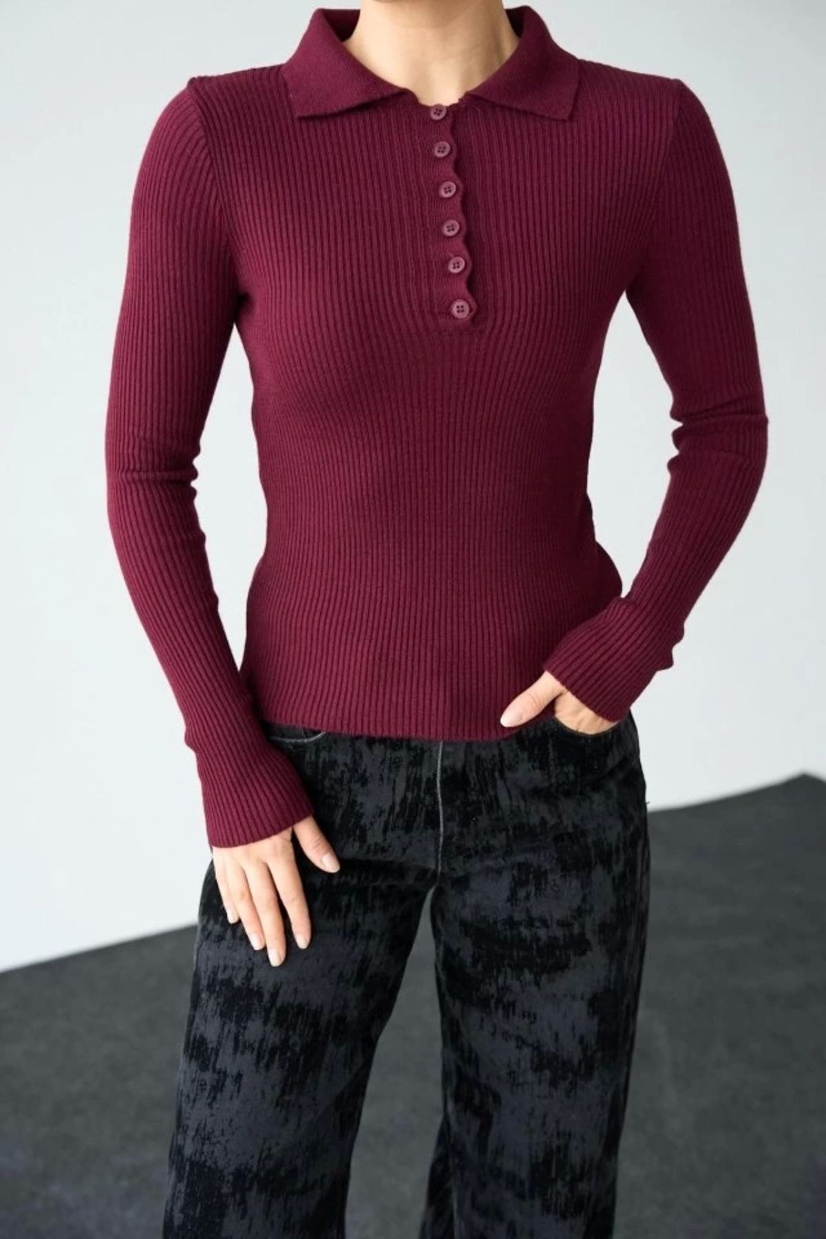 MODA Polo Yaka 6 Düğmeli Kazak Bordo
