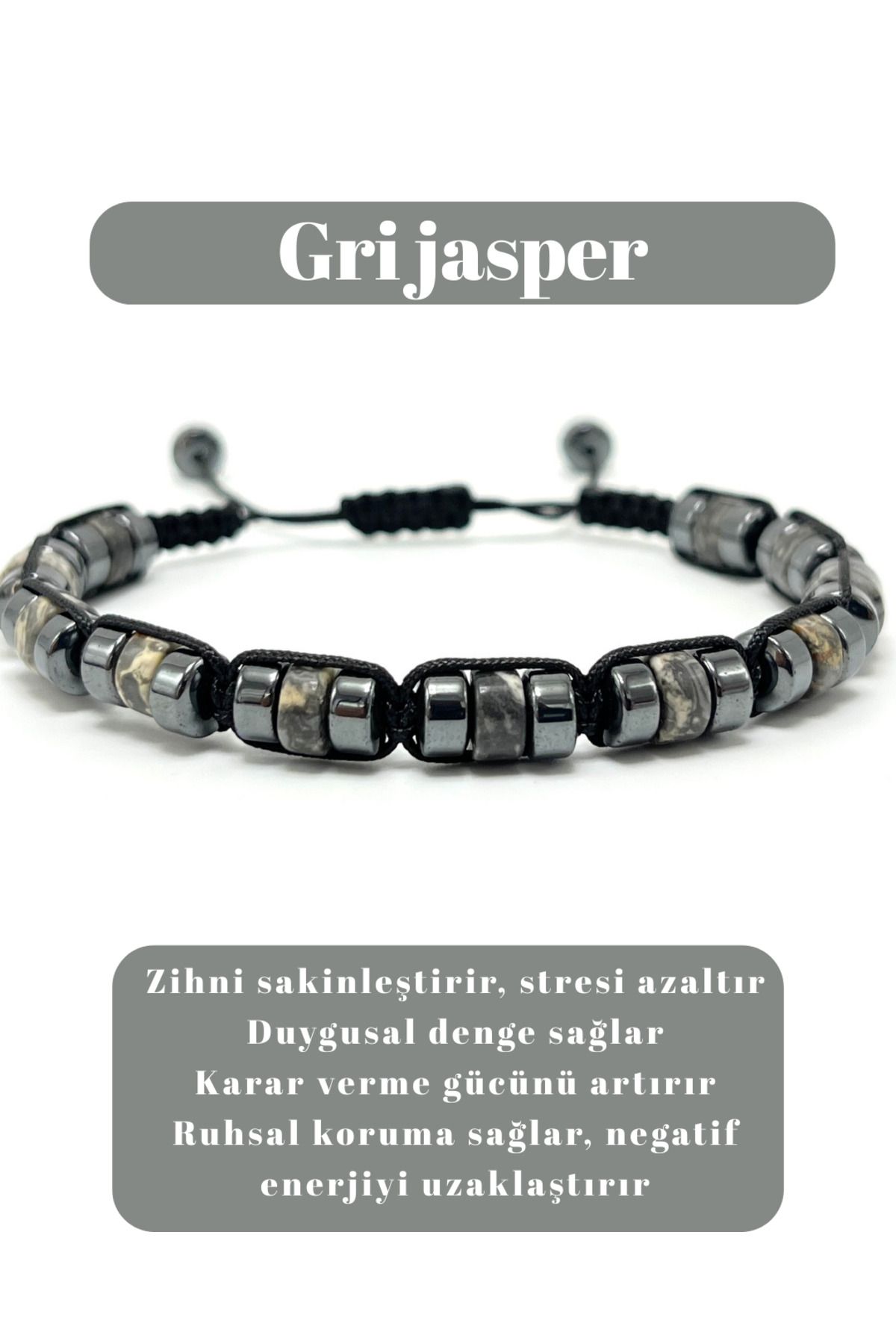 YILDIZ DOĞAL TAŞ Sertifikalı Gri Jasper Disk Model Doğal Taş Makrome Bileklik Ayarlanabilir Ölçü