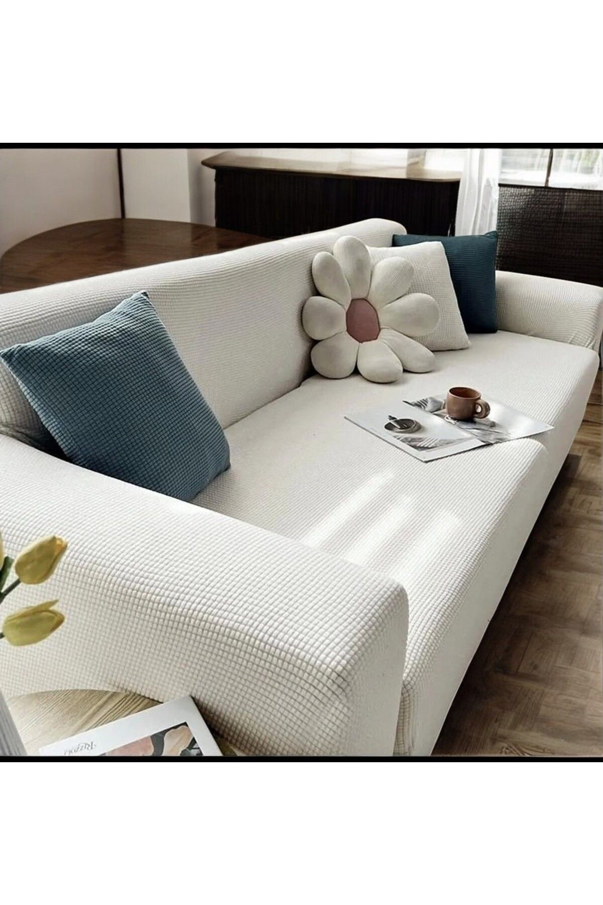 NEFİS HOME Likrali Streç Lastikli Esnek Yikanabilir Kare Desen 3Kişilik Likrali Kotuk Örtüsü Koltuk Kılıfı