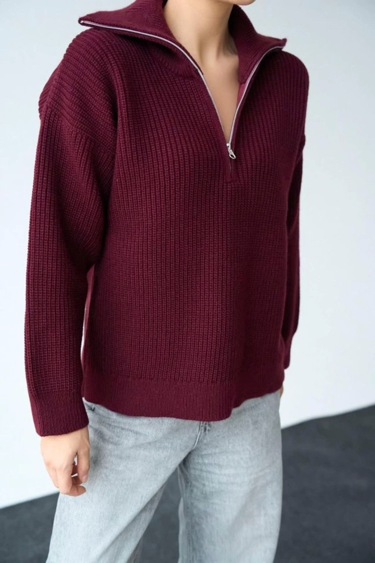 MODA Polo Yaka Fermuarlı Kazak Bordo