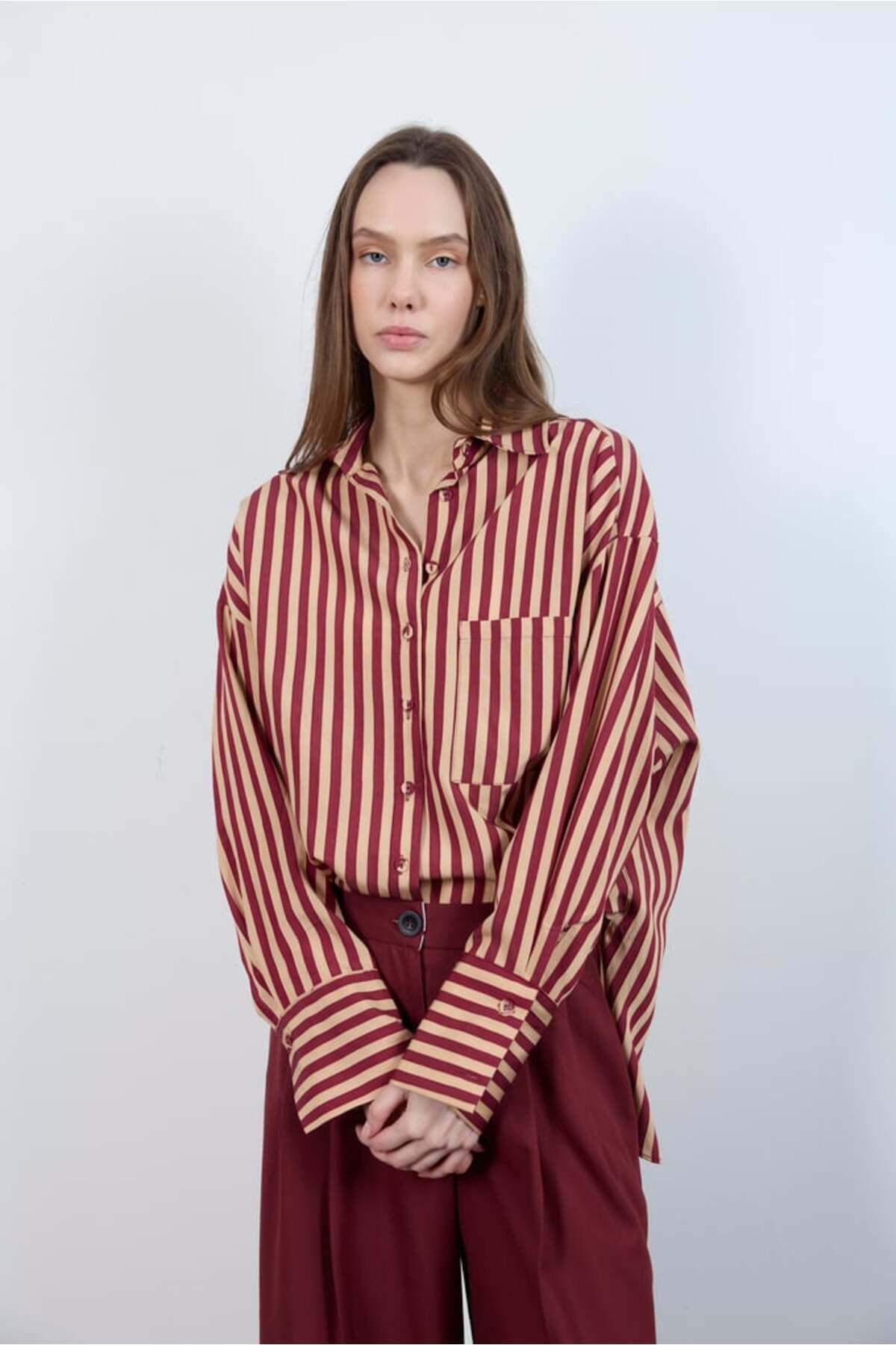 Telablanka ÇİZGİLİ OVERSİZE BGÖMLEK_BORDO-CAMEL