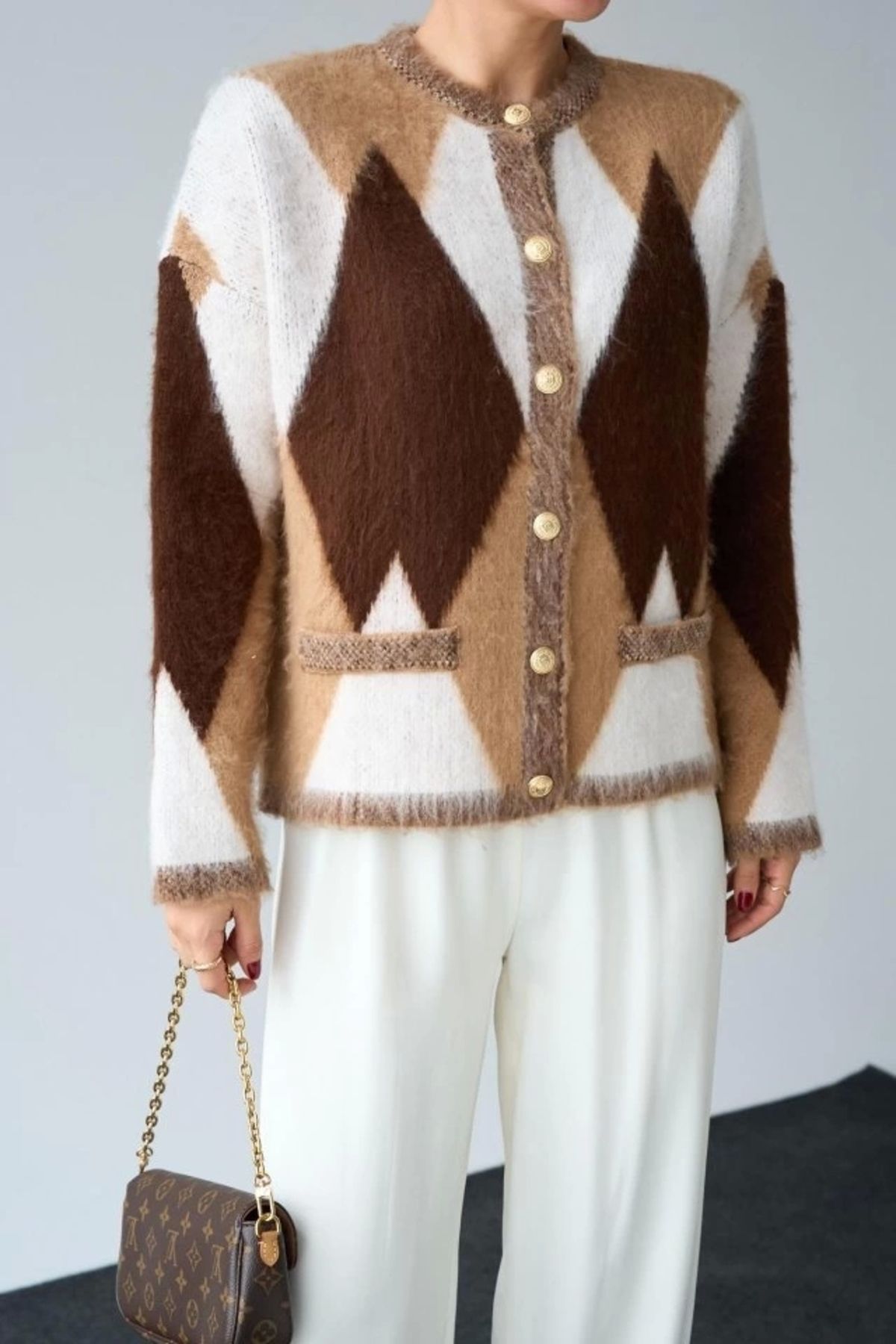 MODA Geniş Baklava Desen Hırka CamelKrem