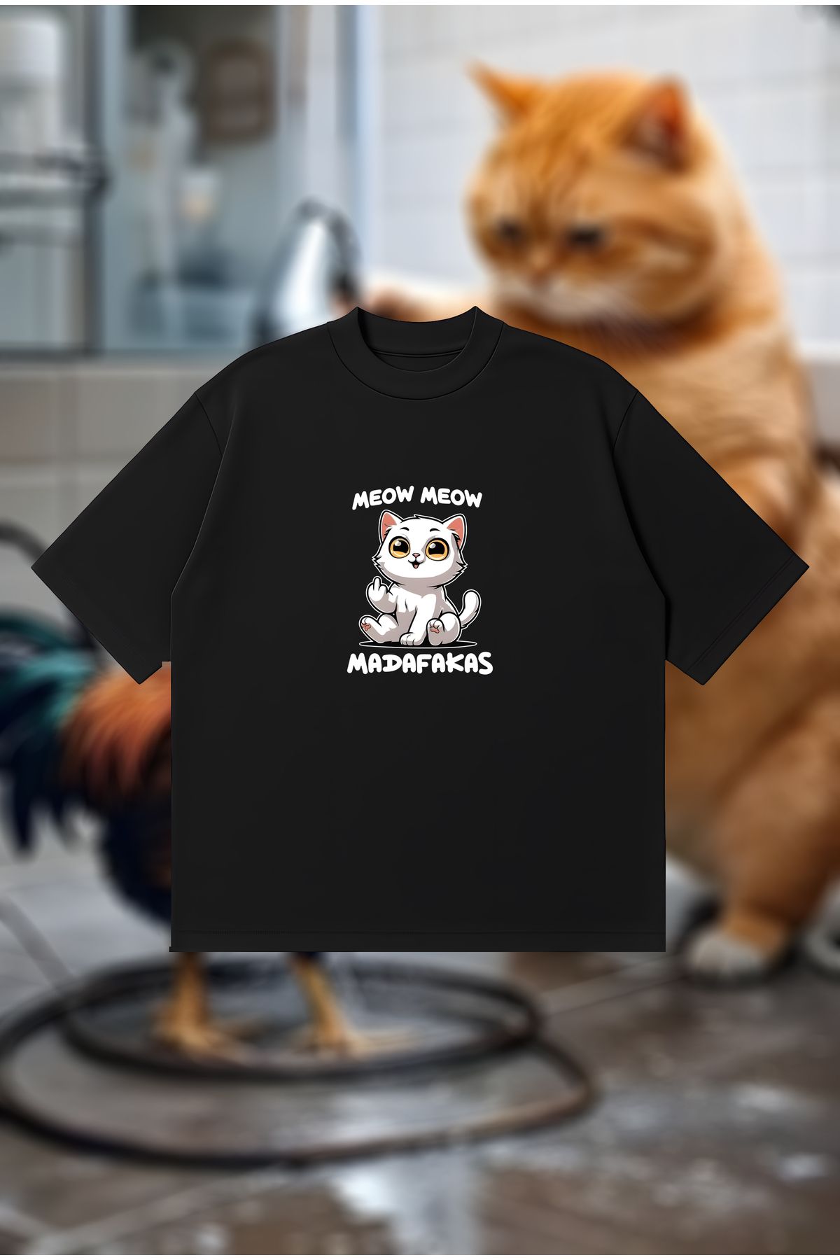 PURE POWER Meow Madafaka Kedi Boxy Fit Oversize Unisex Tshirt – Baskılı Tişört | Streetwear