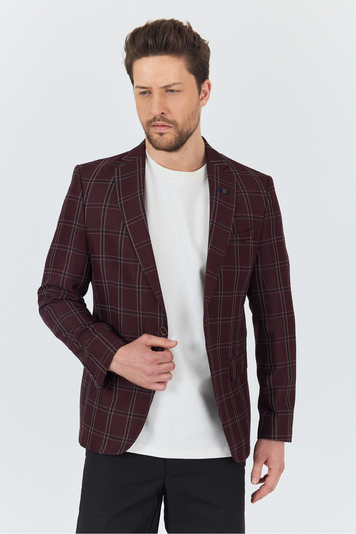 Frappoli-Sarmue Men's Burgundy Plaid Check Cotton Polyester Fabric Slim Fit Slim Fit Sports Blazer Jacket 5