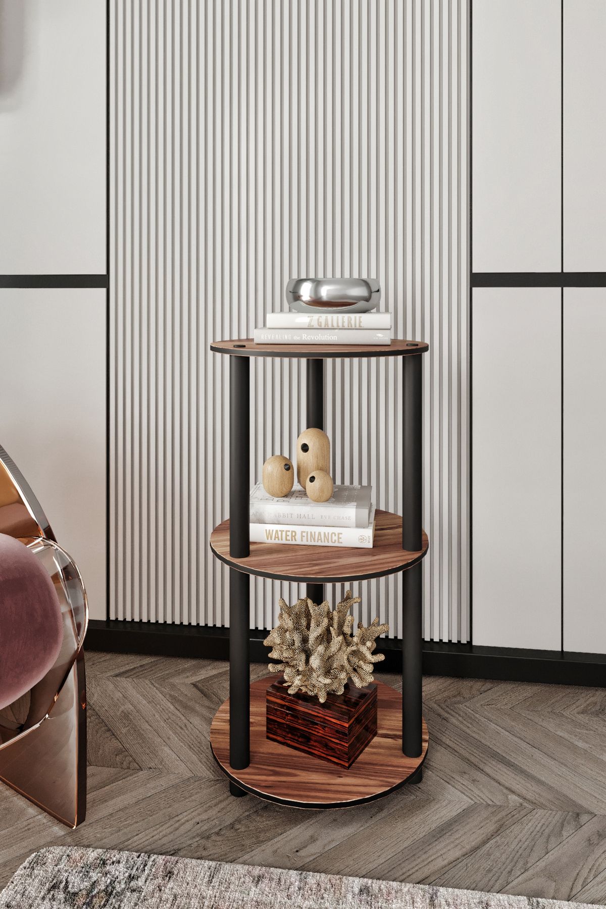RC HOME Dekoratif 3 Raflı Yuvarlak Kitaplık