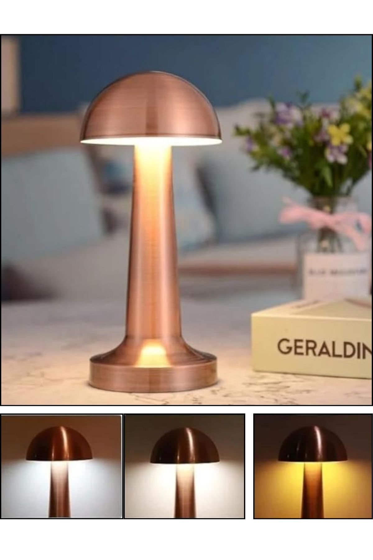 ÇARŞI HANEM Dokunmatik Mantar Masa Lambası 3 Işık Renkli Şarjlı Masa Lambası Metal Ürün Rose Gold