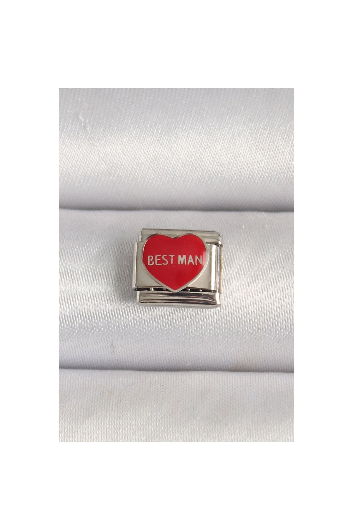 maarketim 316L Çelik Gümüş Renk 'Best Man' Yazılı Kırmızı Kalp İşlemeli Nomination Charm