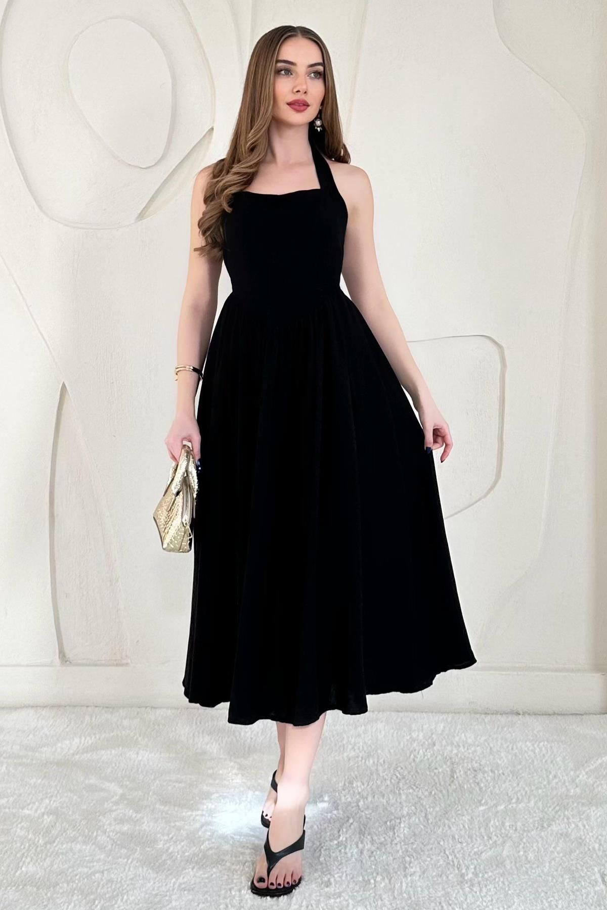 Elbee Fashion Woman Boyundan Bağlamalı Keten Elbise